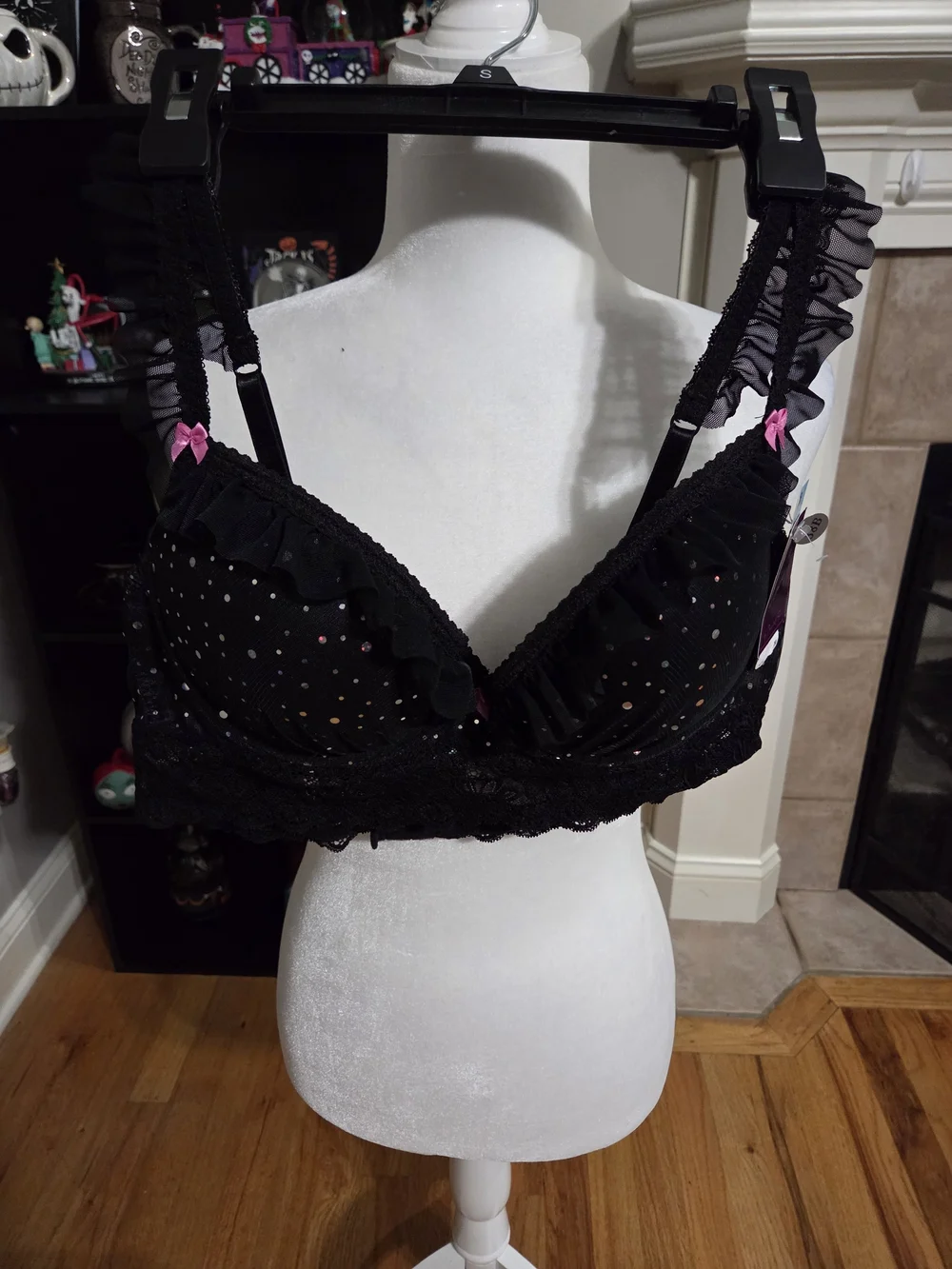 Ruffled Polka Dot Padded Bra with Pink Bow Accents - Black